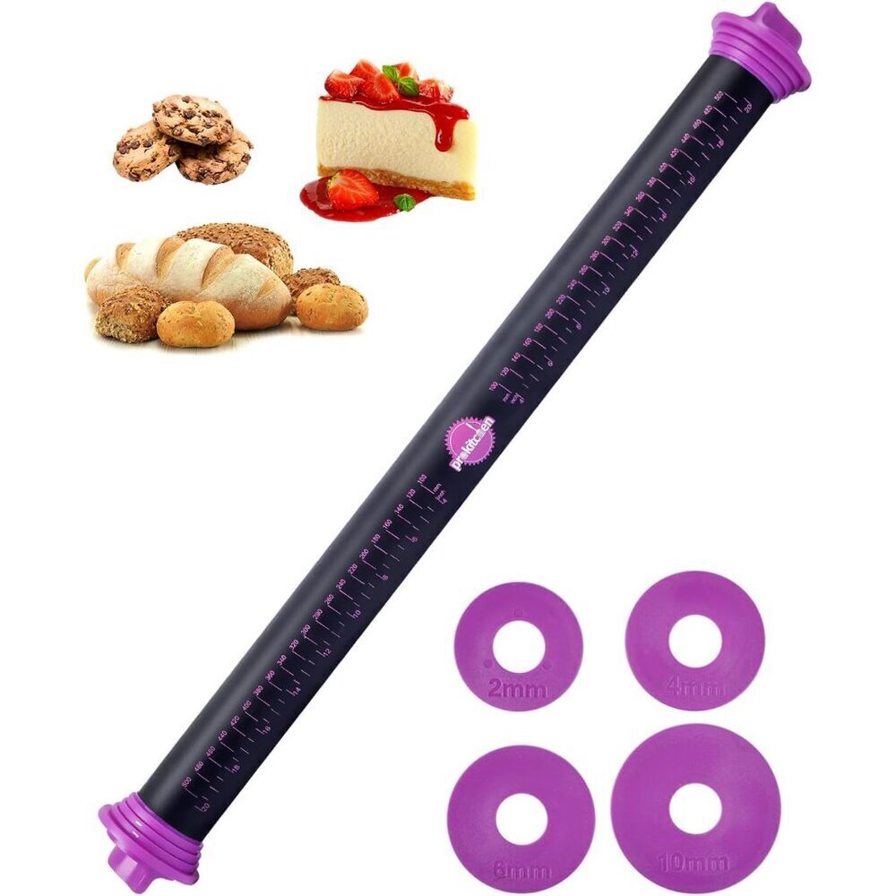 Silicone Rolling Pin with Thickness Rings, Adjustable Designs for Fondant